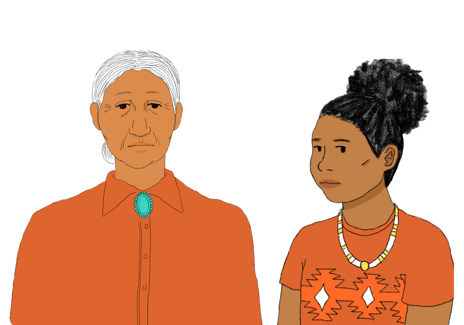 An elderly Native woman on the left in an orange shirt and an African Native American girl on the right with an orange shirt and white necklace.
