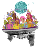 2023 Family Conference Logo, illustration of several people on top of a house that is upside down.